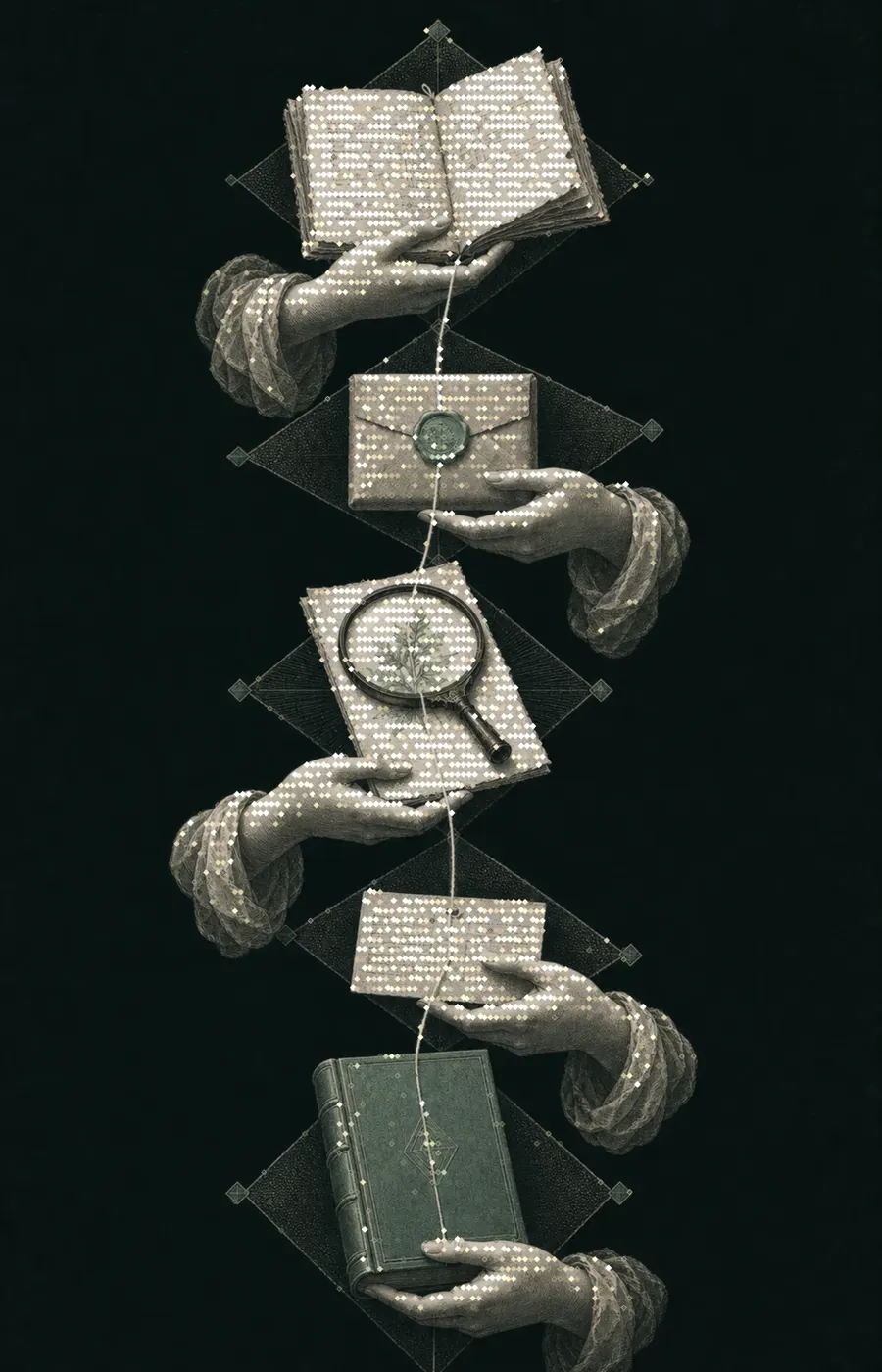 A continuous thread links source material, evidence, review, and an accepted record.
