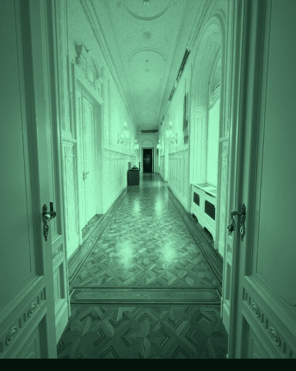 An ornate corridor seen through open doors converges on one distant doorway.